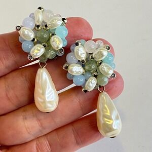 Vintage Style Pastel Bead Faux Baroque Pearl Cluster Drop Clip On Earrings